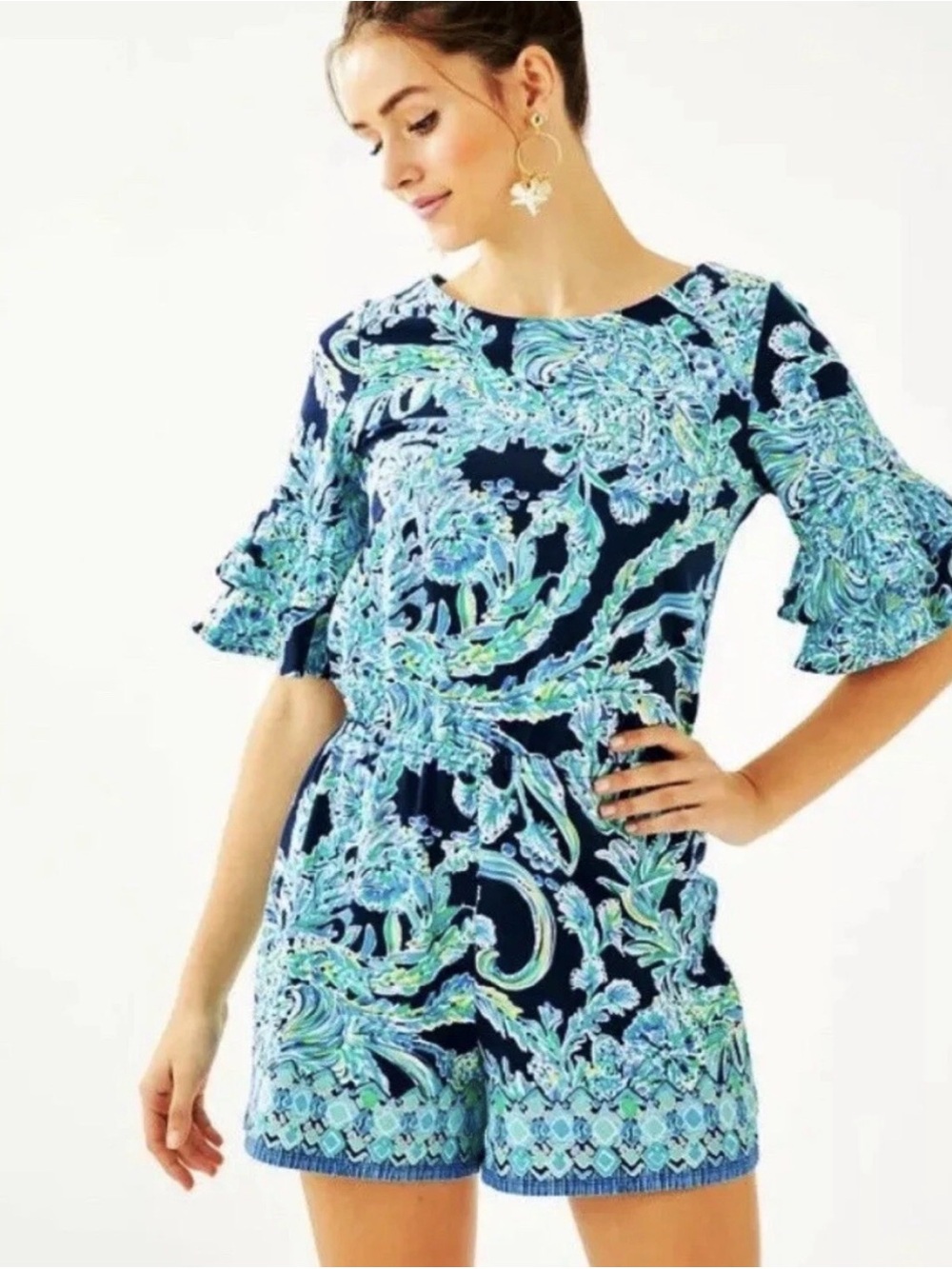 Lilly Pulitzer Navy Blue & Aqua Printed Ruffle-Sleeve Romper